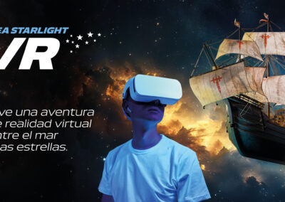 Dibujo realista de un joven usando gafas VR en la experiencia Sea Starlight